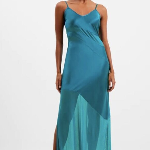 French Connection Turquoise Satin Chiffon Maxi Nightgown Slip Dress Size XS - Picture 1 of 11